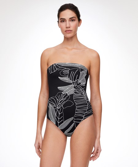 Oysho Embroidered Bandeau Swimsuit Černé | 378025-CHG