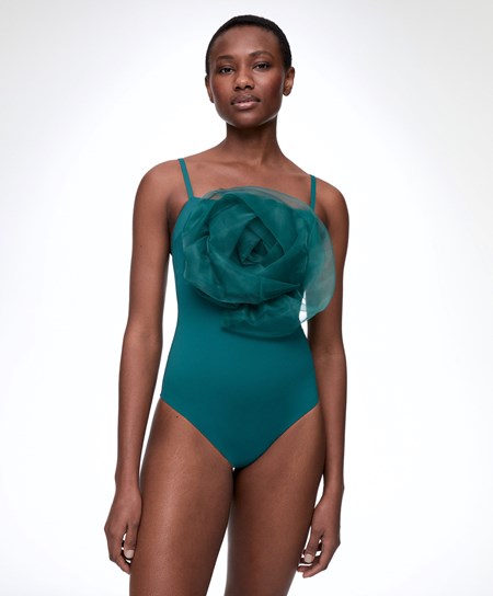 Oysho Floral Organza Swimsuit Zelene | 689372-AXC