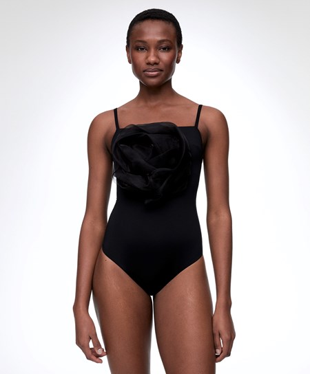 Oysho Floral Organza Swimsuit Černé | 805294-GZF
