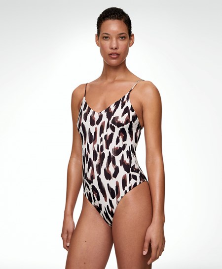 Oysho Leopard Print V-neck Swimsuit Ecru | 486703-LZW