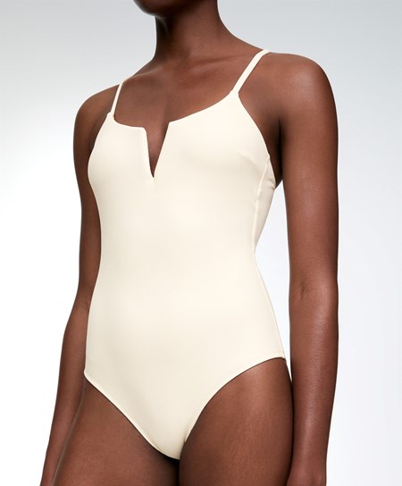 Oysho Piqué V-neck Swimsuit Vanilla | 582437-UKS