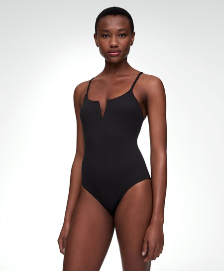 Oysho Piqué V-neck Swimsuit Černé | 687439-FVM