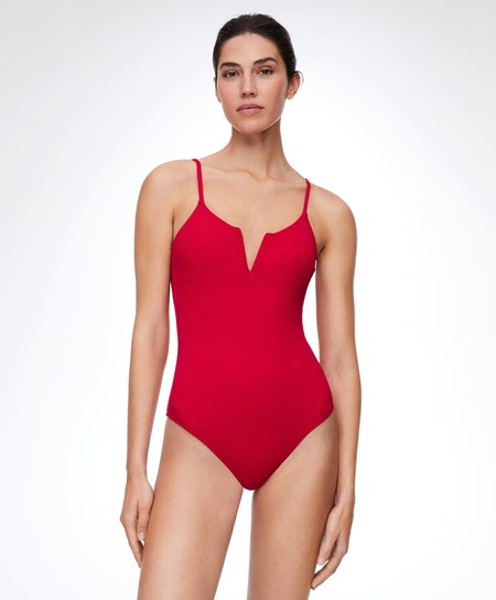 Oysho Piqué V-neck Swimsuit Červené | 758203-ZEN