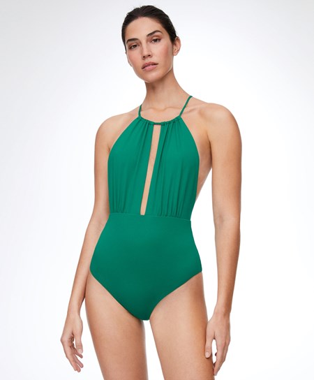 Oysho Ruched Halter Swimsuit Zelene | 947082-UNM