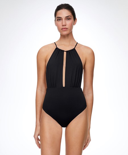 Oysho Ruched Halter Swimsuit Černé | 639210-KLR