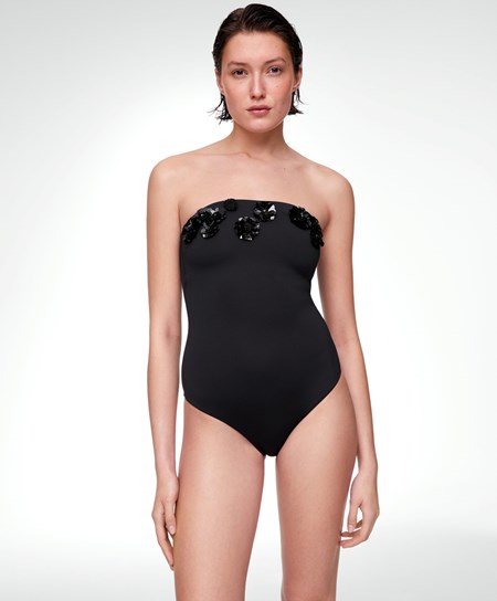 Oysho Sequinned Flowers Bandeau Swimsuit Černé | 361047-MXT