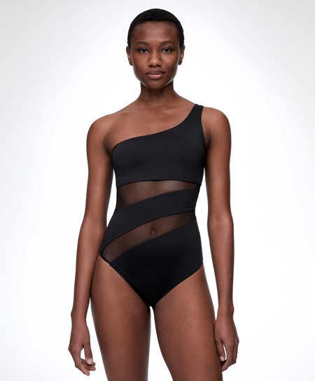 Oysho Sheer Panel Asymmetric Swimsuit Černé | 675401-IFT