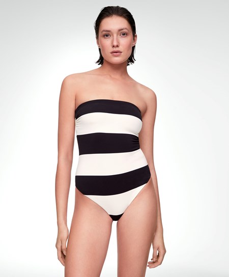 Oysho Stripe Piqué Bandeau Swimsuit Černé | 901472-WYV